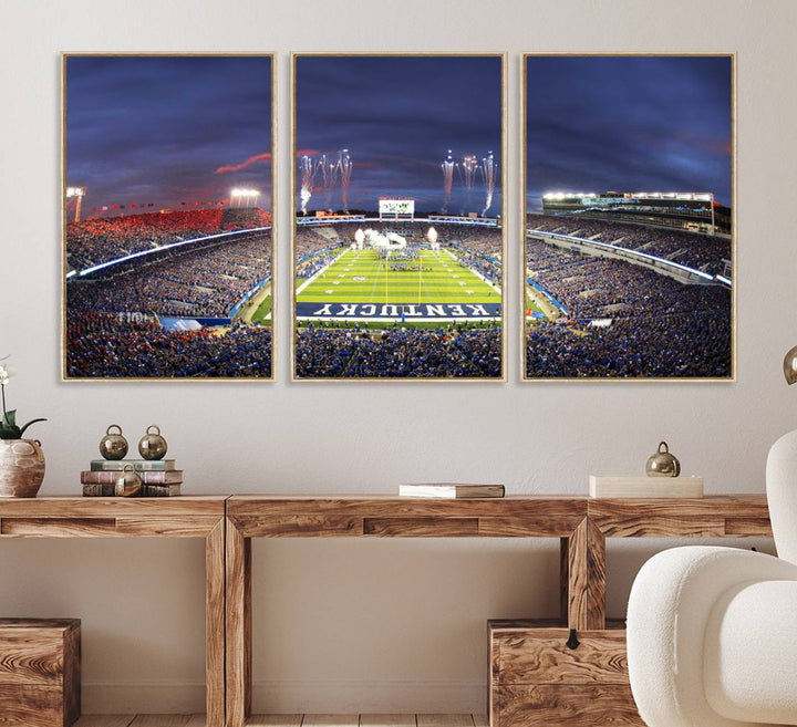 A filled stadium at dusk and fireworks overhead are beautifully captured in the Kroger Field Canvas Wall Art - Sunset Football Stadium Decor.