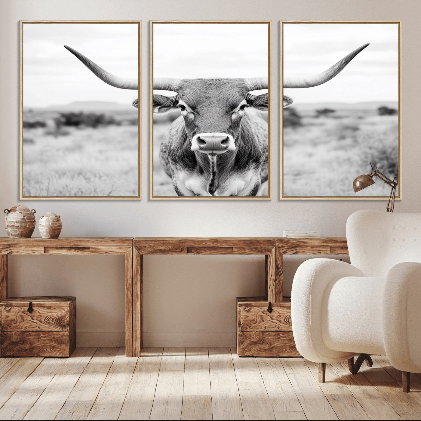 MGV-FC-60X30-3P - Highland Cow Wall Art Print - Black and White Texas Western Longhorn Canvas - Farmhouse Decor Print