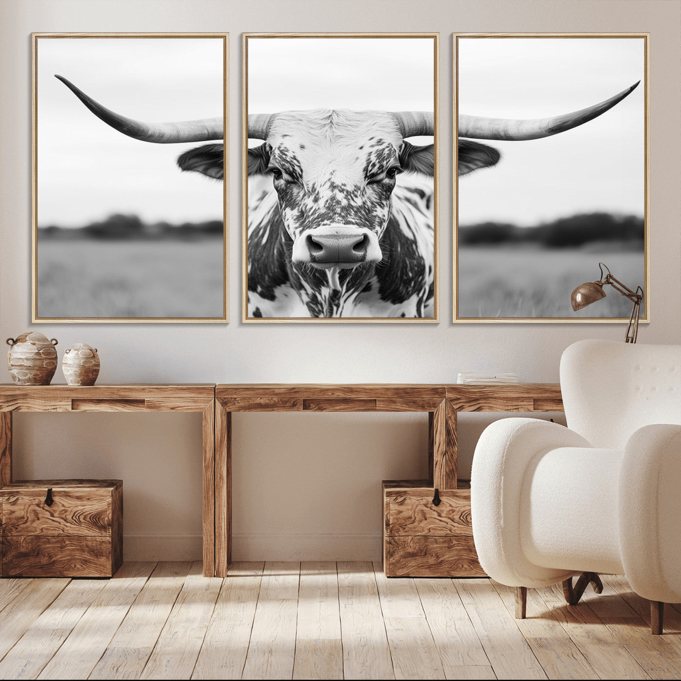 MGV-FC-60X30-3P - Highland Cow Wall Art - Black and White Western Longhorn Canvas Print - Farmhouse Living Room Decor