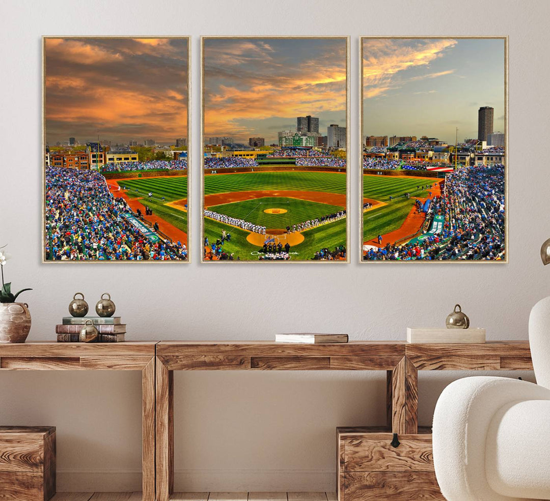 Aerial view of Wrigley Field at sunset against a vibrant sky, creating the perfect Chicago Wrigley Field Canvas Wall Art.