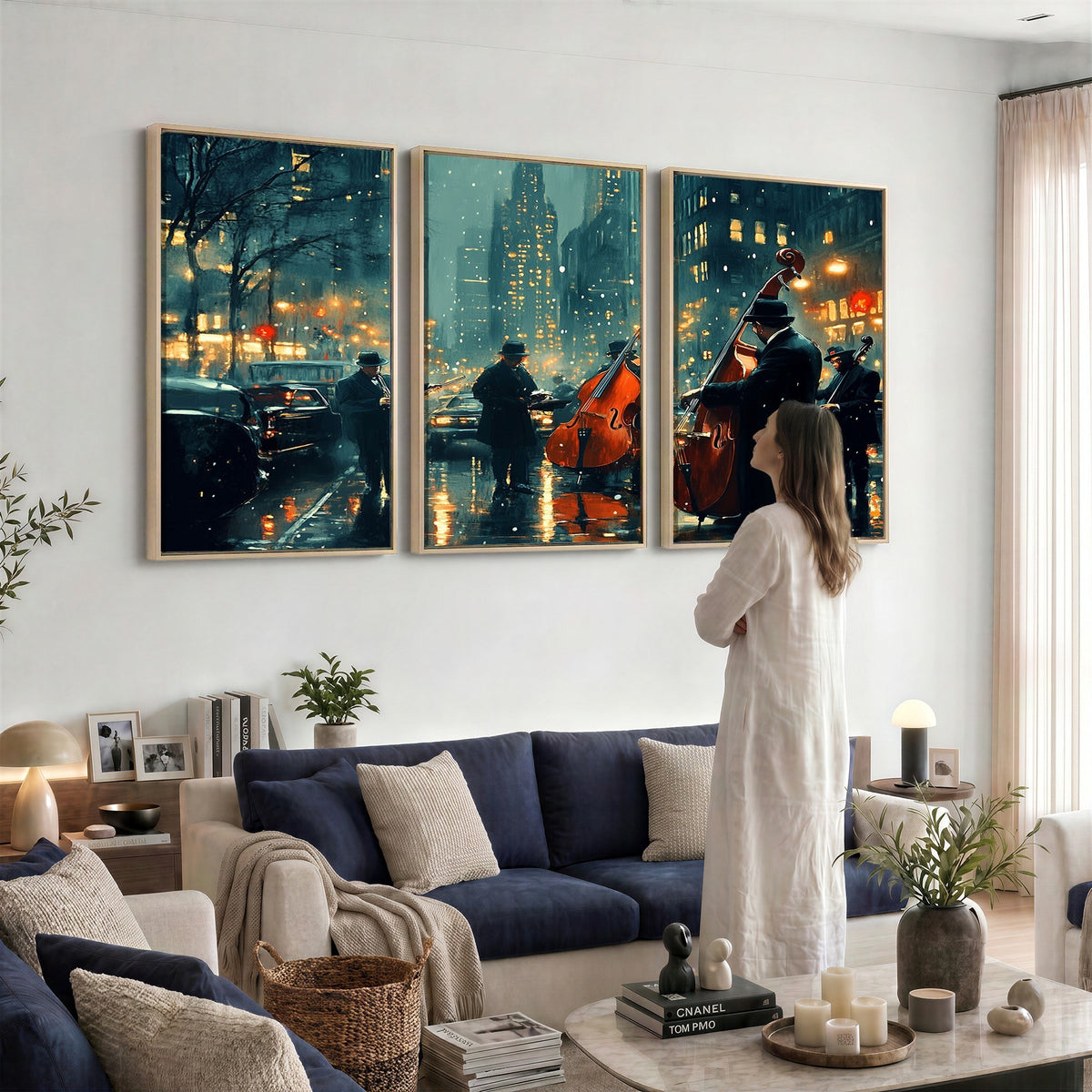 53391-MGV-CV-24X16 - Urban Night Jazz Wall Art Canvas Print | Moody Rain Soaked City Street Band Scene