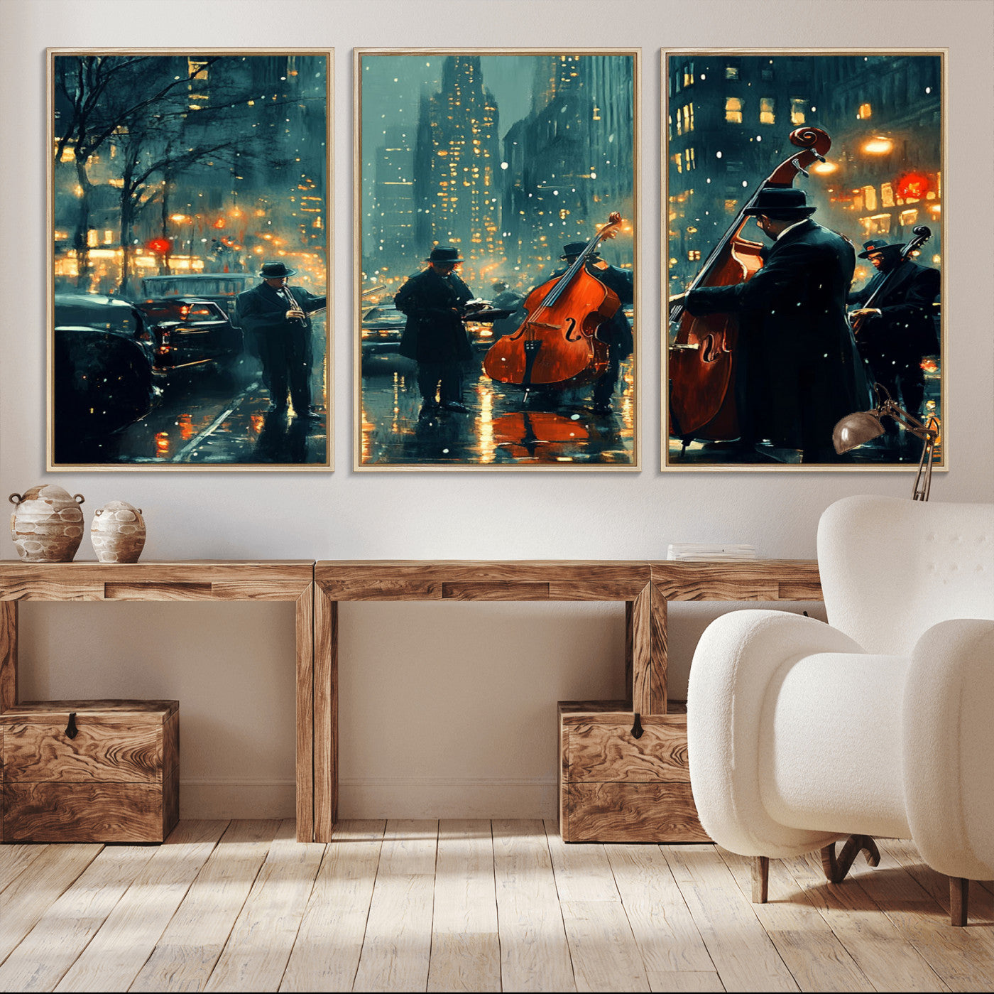 53391-MGV-FC-60X30-3P_Natural-African American Jazz Art Print - Framed Abstract Music Canvas - Colorful Instrument Poster for