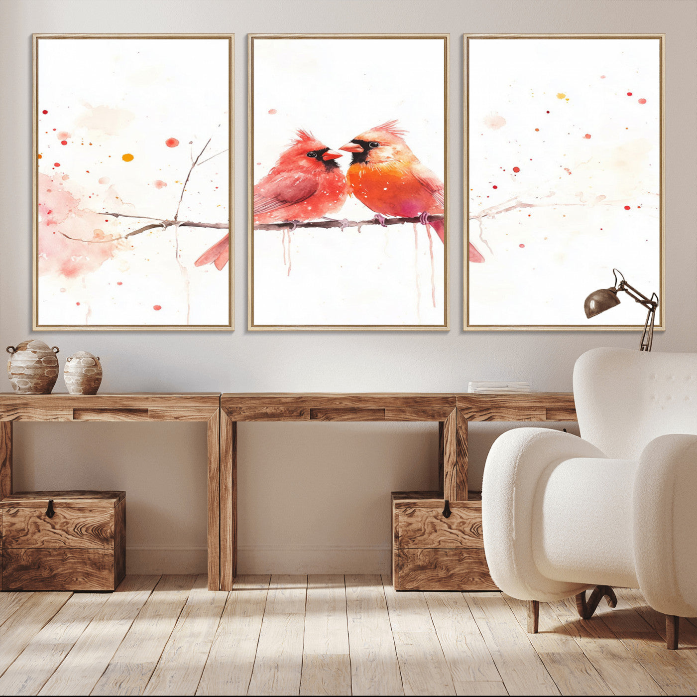 MGV-FC-60X30-3P - Cardinal Bird Canvas Wall Art - Male and Female Cardinal Print - Nature-Inspired Bird Wall Decor for