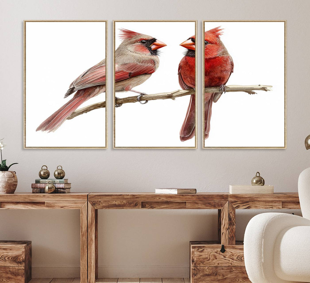 The Cardinal Bird Canvas Wall Art showcases two cardinals on a branch.