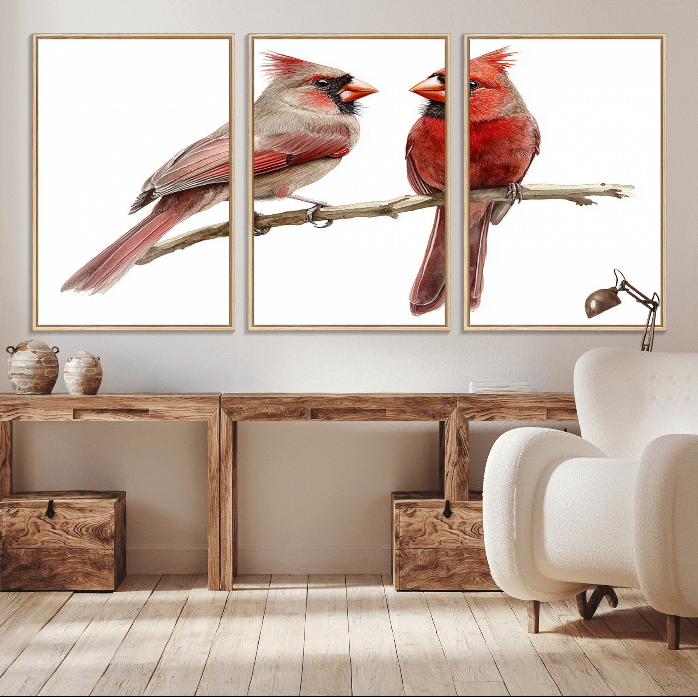 MGV-FC-60X30-3P - Cardinal Bird Canvas Wall Art - Male and Female Cardinal Print - Abstract Bird Wall Decor for Home -