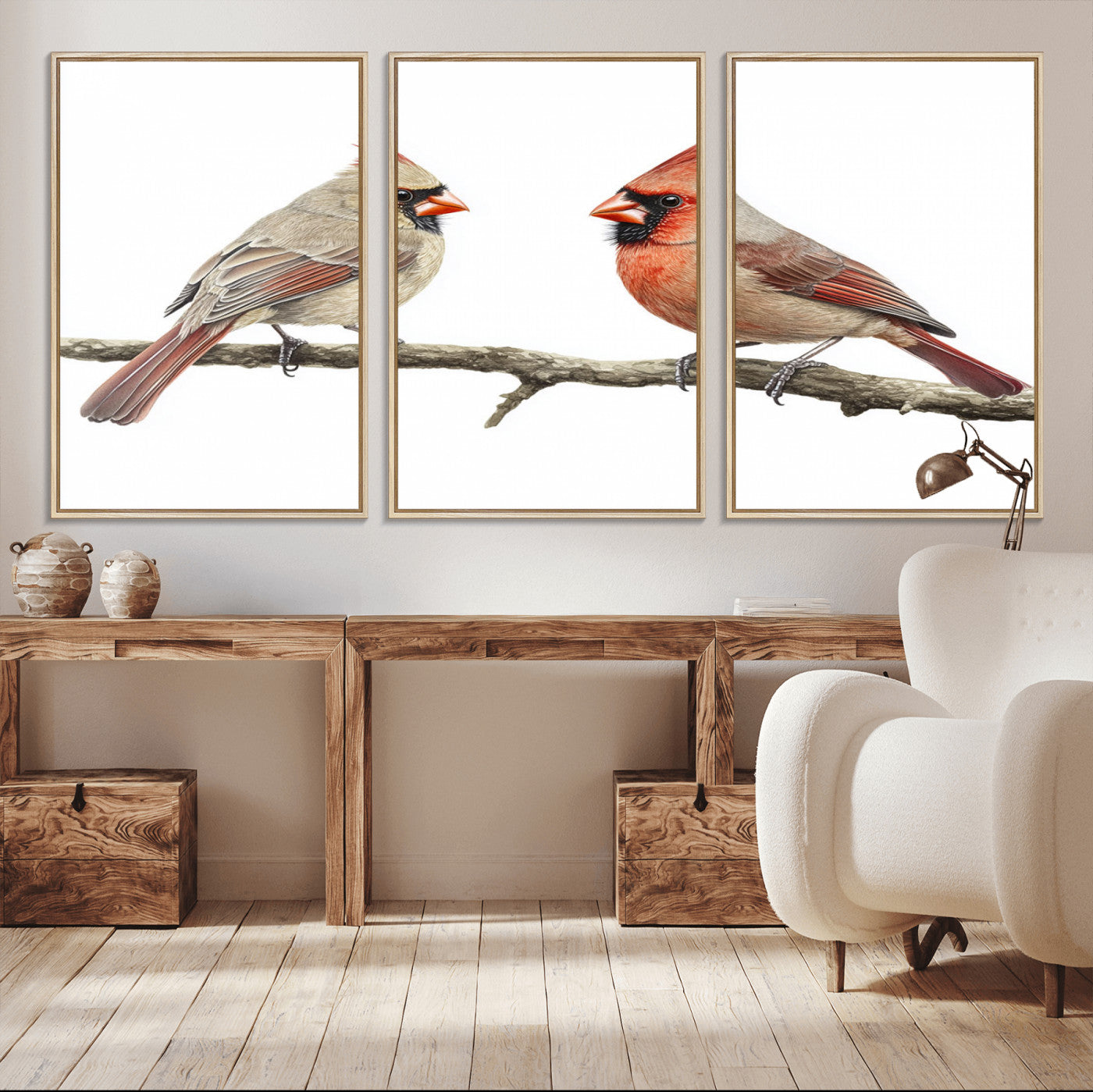 29617-MGV-FC-60X30-3P_Natural-Cardinal Canvas Wall Art - Male and Female Cardinal Print - Nature-Inspired Bird Wall Decor for Home