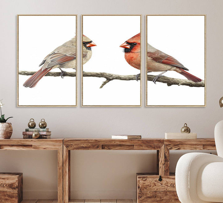 A Cardinal Canvas Wall Art print of cardinals on a branch hangs prominently.