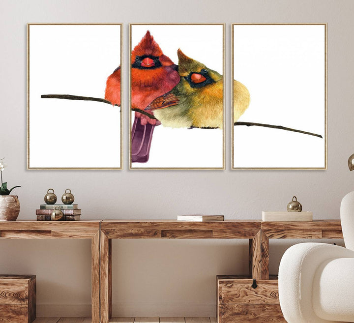 The Cardinal Bird Canvas Wall Art showcases vibrant male and female cardinals, capturing the beauty of nature in vivid detail.