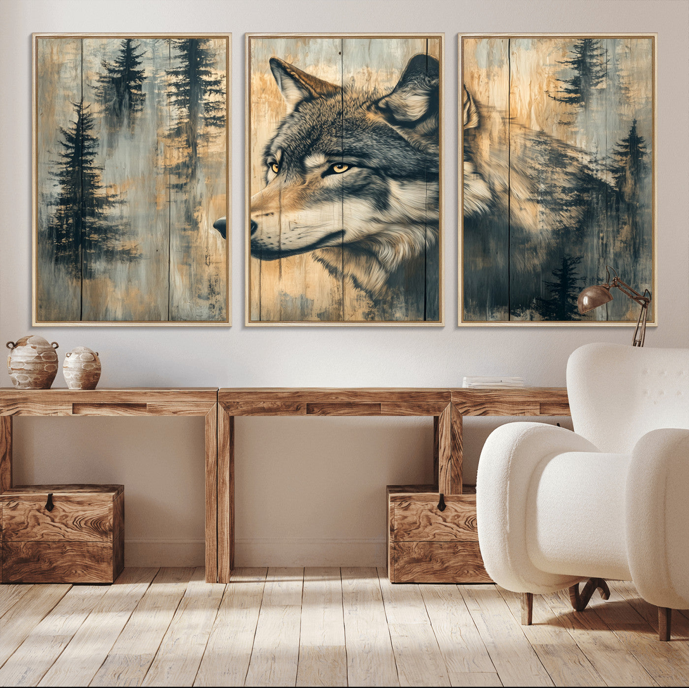 MGV-FC-60X30-3P - Wood Style Rustic Wolf Wall Art Canvas Print, Vintage Woodland Wolf Wall Art, Framed Wood Style Wolf