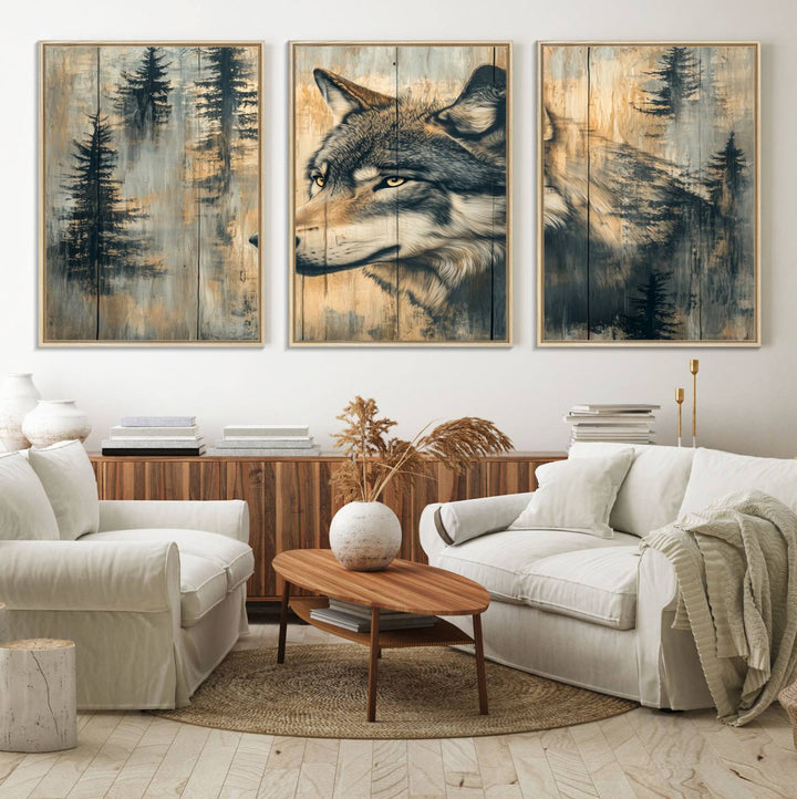 A Wood Style Rustic Wolf Wall Art Canvas Print adorns the kitchen.