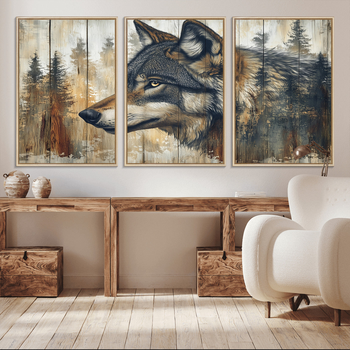 91882-MGV-FC-60X30-3P_Natural-Rustic Wolf Wall Art Canvas Print, Vintage Woodland Wolf Wall Art