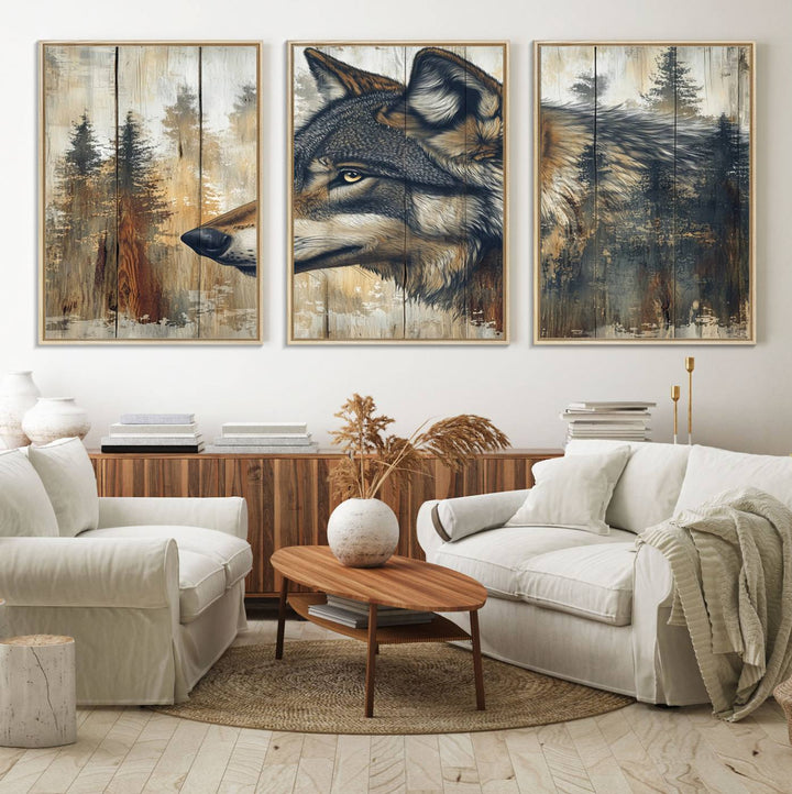 A kitchen dining area features Rustic Wolf Wall Art.