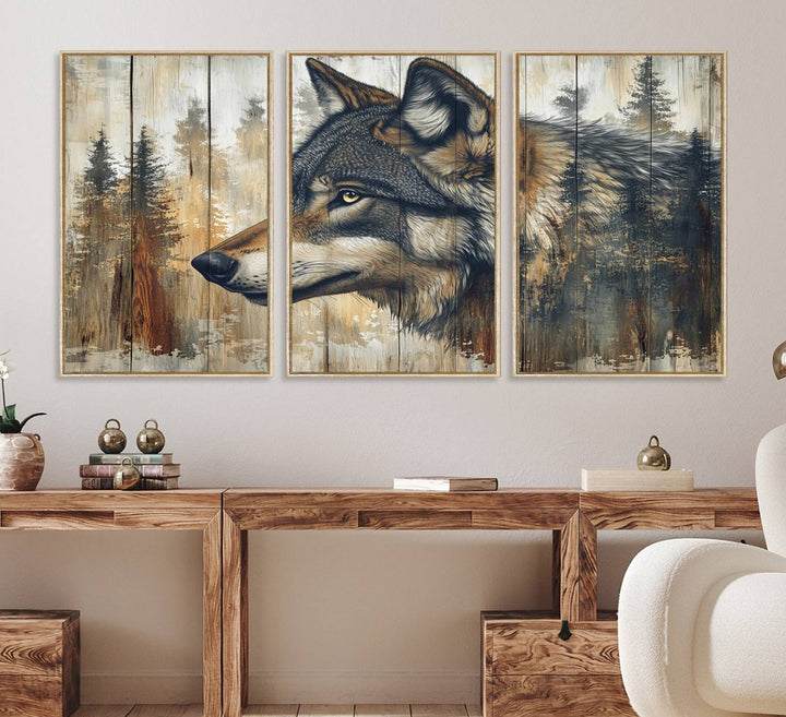 A Rustic Wolf Wall Art Canvas Print in earthy tones adorns the wall above the countertop.