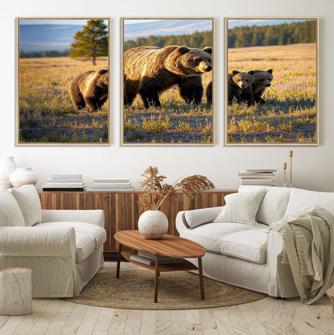 The Grizzly 399 in Wild Flowers wall art canvas print.