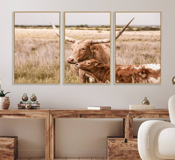 Dining area featuring a Texas Longhorn Cow Wall Art Canvas Print.