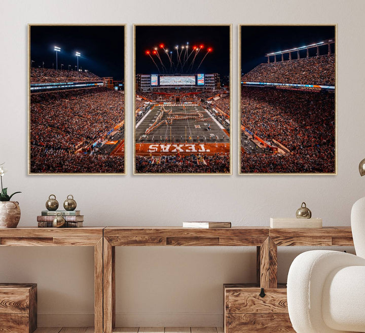 A Texas Memorial Stadium canvas print with fireworks embellishes the modern living room.