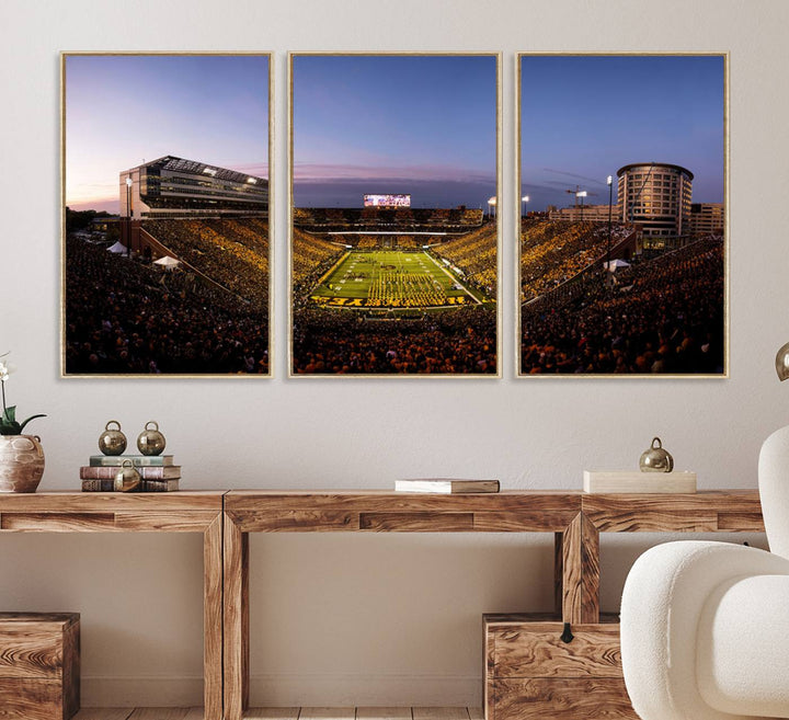 The Iowa Hawkeyes Kinnick Stadium Wall Art Canvas Print captures a sunset scene, making it perfect for display on a wall.