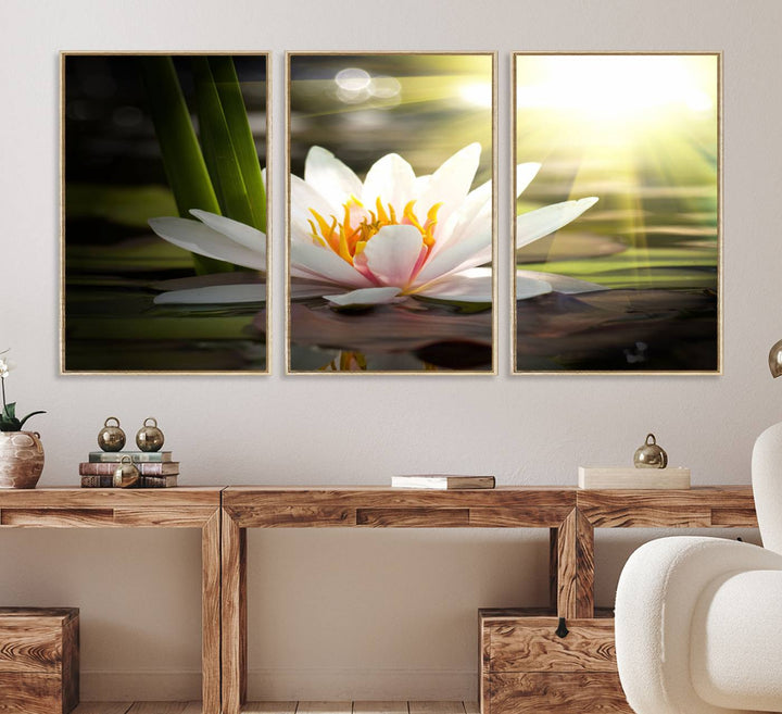 The Lotus Flower Wall Art Canvas Print showcases a white water lily with a yellow center floating gracefully in sunlight.