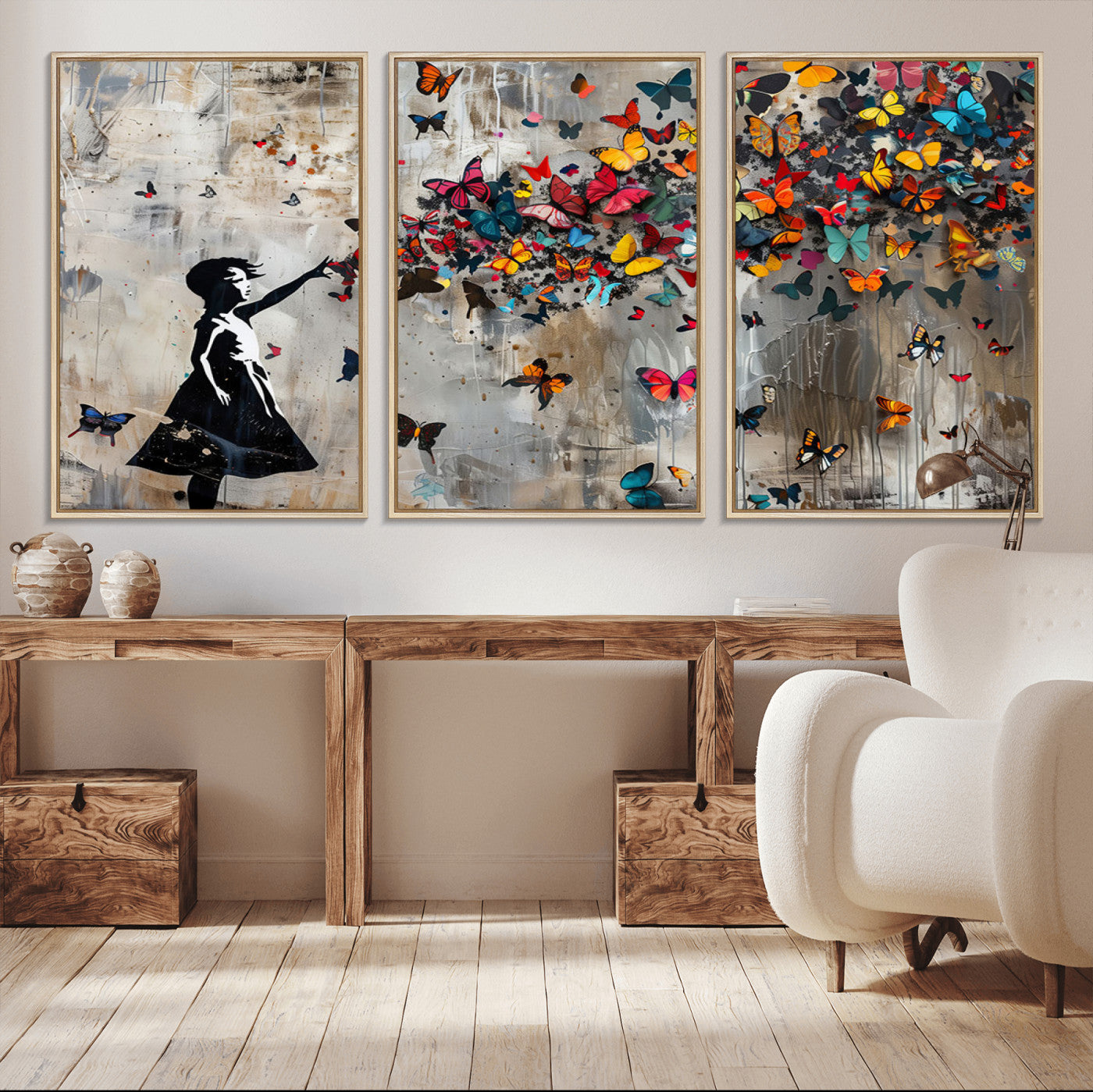 MGV-FC-60X30-3P - Banksy Butterfly Girl Wall Art | 3-Piece Butterfly Girl Canvas