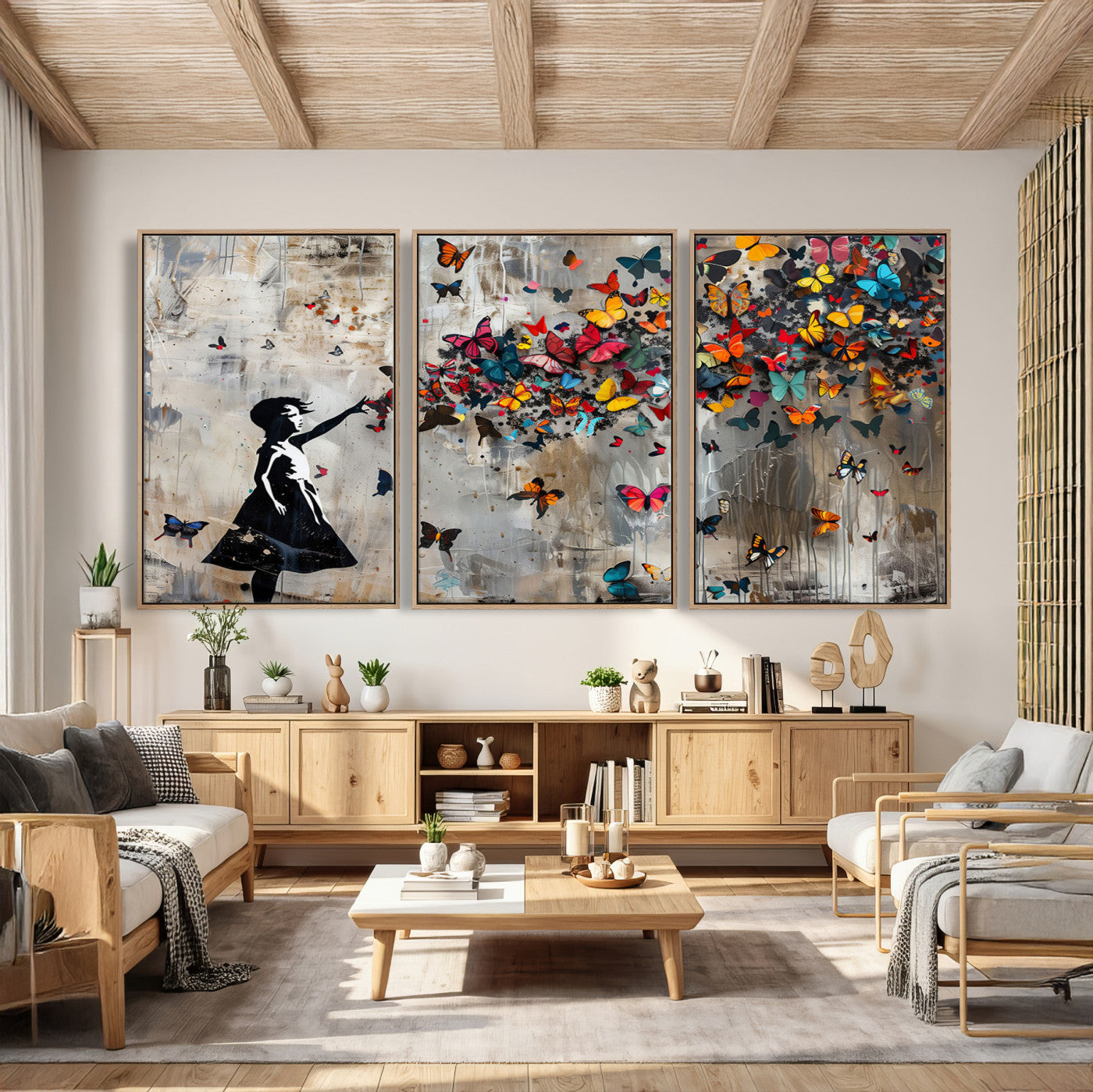 51446-MGV-CV-36X24 - Framed Banksy Butterfly Girl Wall Art ,3-Piece Butterfly Girl Canvas, Modern Graffiti Canvas Print