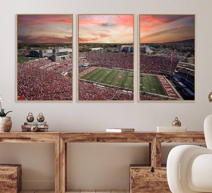 Gallery-quality Indiana Memorial Stadium Wall Art Canvas: A stunning view of the stadium at sunset.