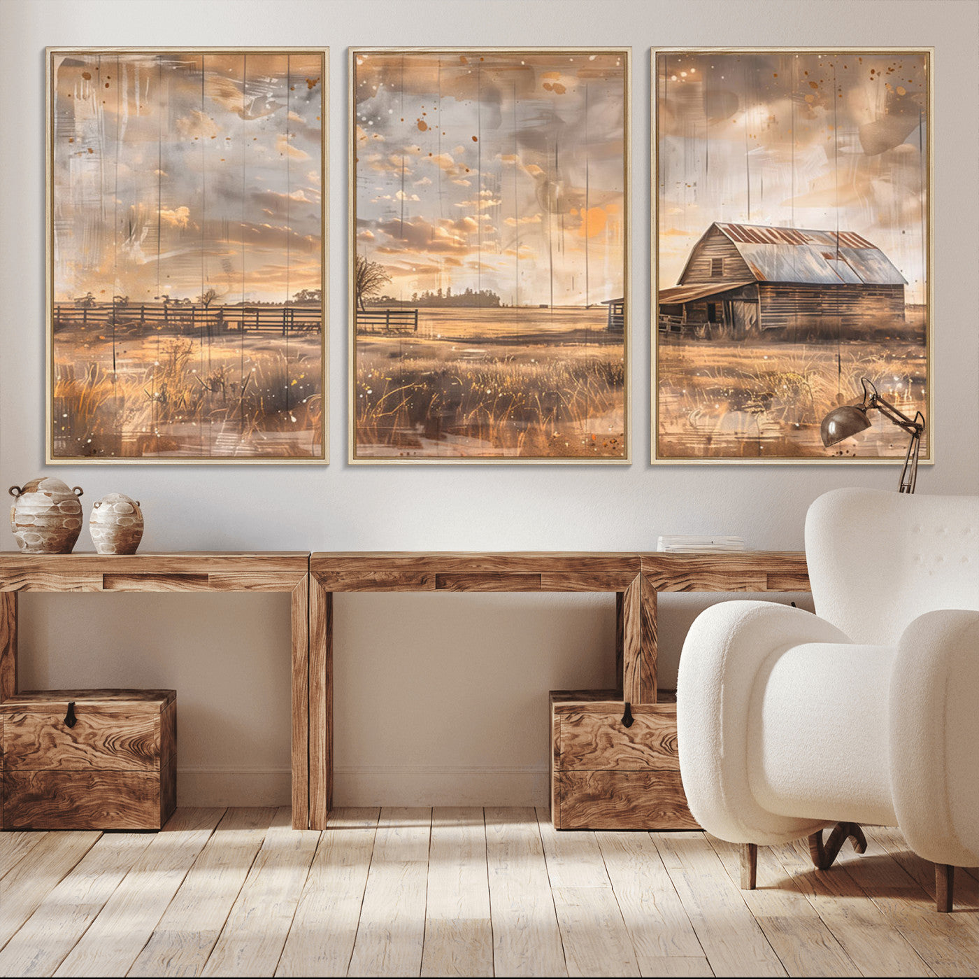 MGV-FC-60X30-3P - Rustic Farmhouse Wall Art Canvas Print | Barn and Field Canvas Print | Vintage Country Landscape