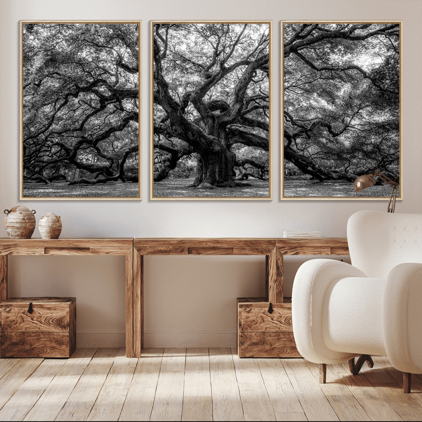 MGV-FC-60X30-3P - Black and White Old Angel Oak Tree Wall Art Canvas Print