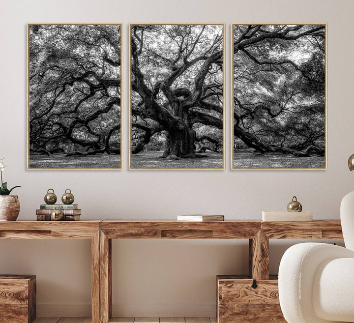 The Black and White Old Angel Oak Tree Canvas Print enhances the modern dining room.