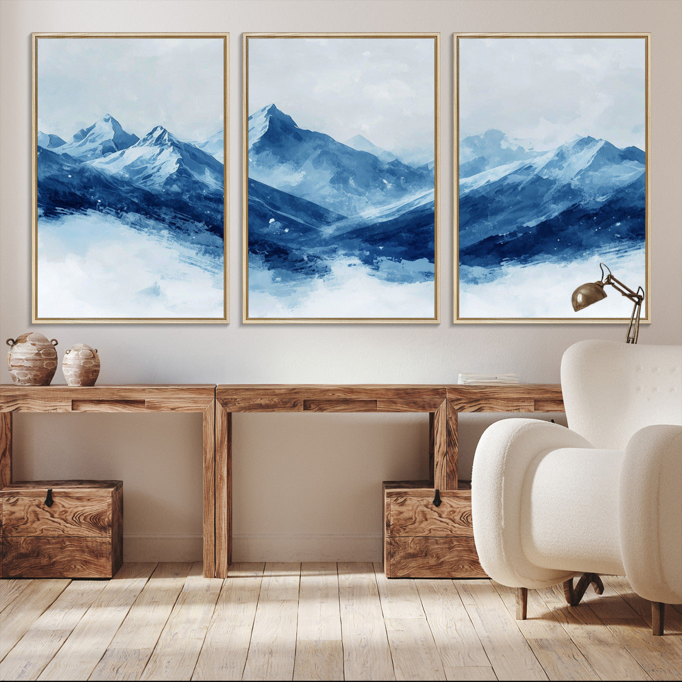 Peaceful watercolor-style painting of snowy blue mountains in soft tones, perfect for winter-themed or minimalist wall decor.