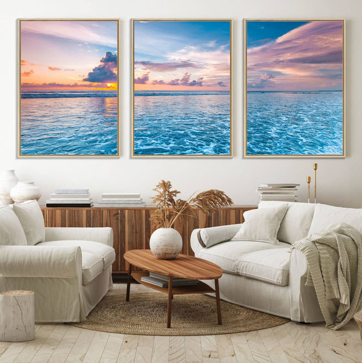 An Ocean Sunset Canvas Wall Art depicting a vibrant sky and rolling waves.