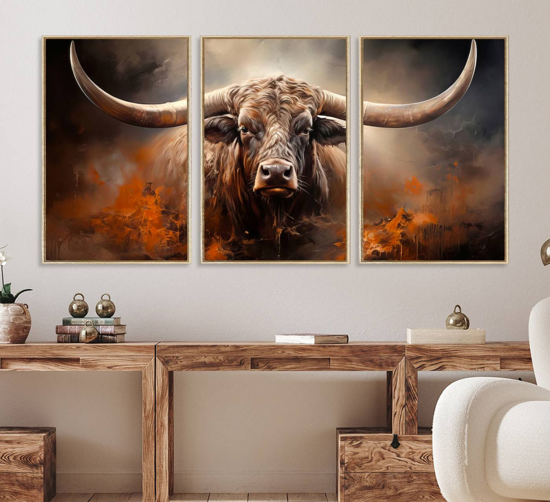 A Highland Bull with striking horns is depicted in a fiery abstract style on a ready-to-hang wall art canvas, evoking strength.