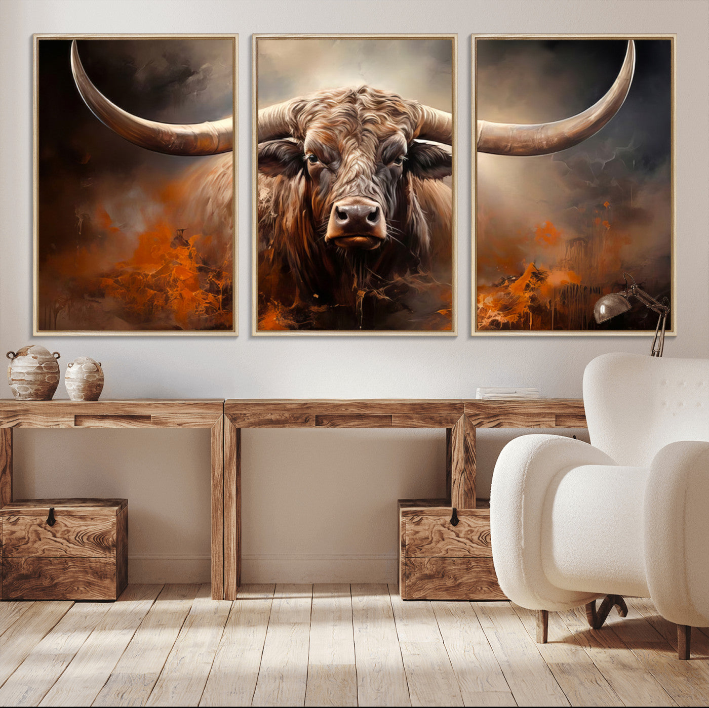 MGV-FC-60X30-3P - Highland Bull Canvas Abstract Canvas Wall Art Print – Powerful Highland Bull with Striking Horns in