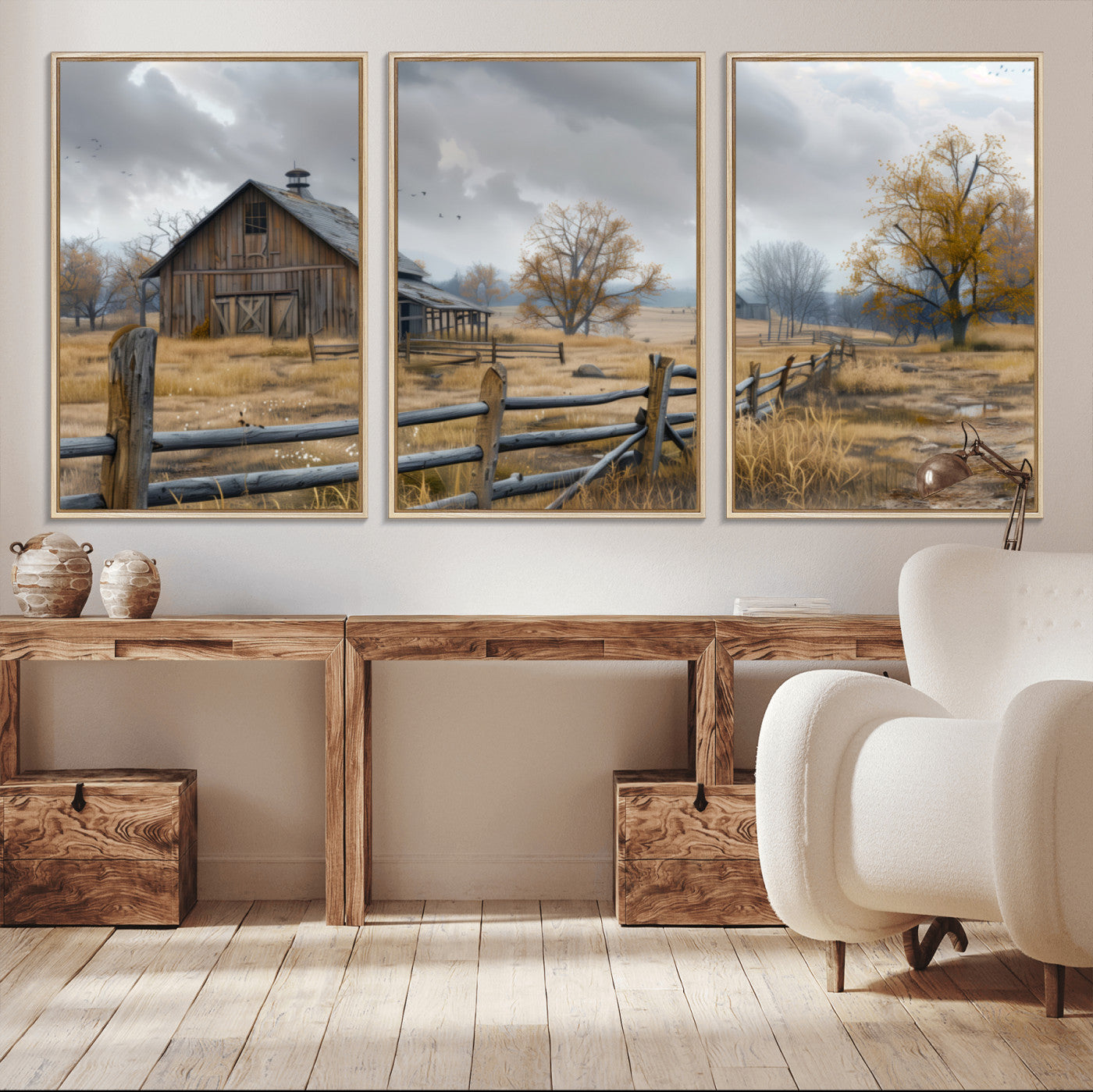 MGV-FC-60X30-3P - Rustic Autumn Farmhouse Wall Art Canvas Print – Serene Countryside Scene with Weathered Barn and