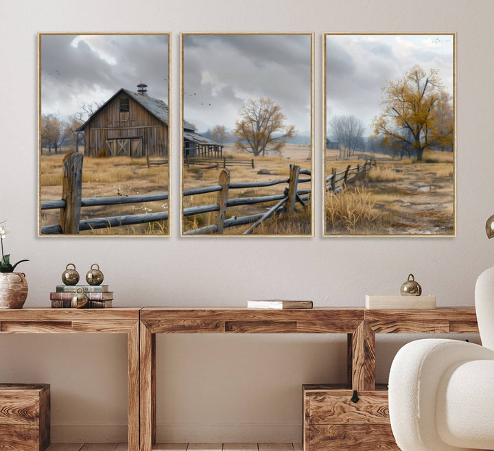 Rustic Autumn Farmhouse Wall Art – Weathered Barn & Trees Canvas Print, featuring a serene scene with birds in the sky. This piece is ready to hang.