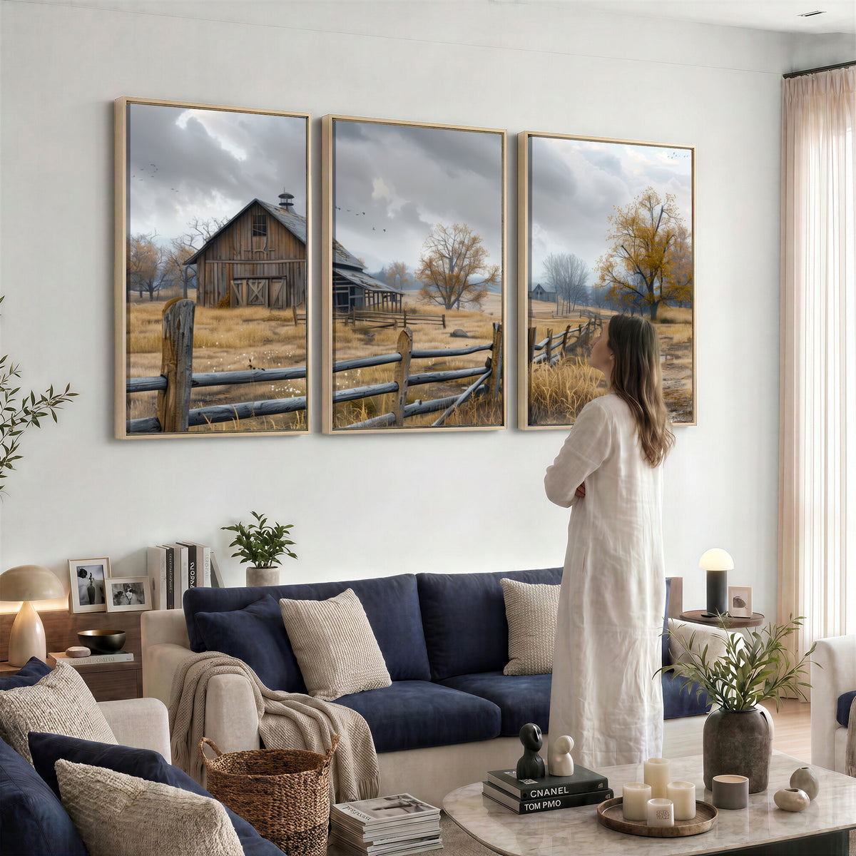 Farm1-MGV-CV-36X24 - Rustic Autumn Farmhouse Wall Art Canvas Print | Serene Countryside with Weathered Barn