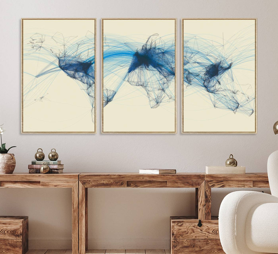 Flight Routes Map: Air Traffic Avi World Map featuring blue lines symbolizing global data. Ideal for home decor and ready to hang.