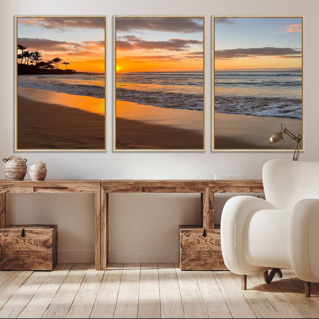 Sunset Wall Art Print featuring a beach sunset with waves and palms, perfect for coastal decor.