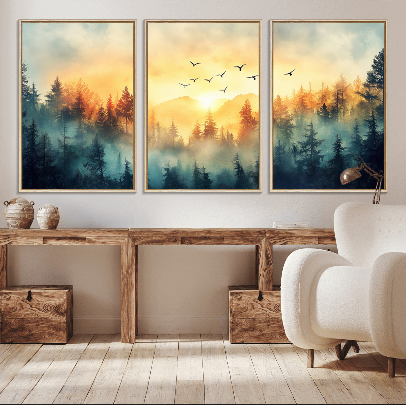 MGV-FC-60X30-3P - Abstract Forest Wall Art Print- Serene Nature Canvas Print with Misty Forest Design for Modern Home