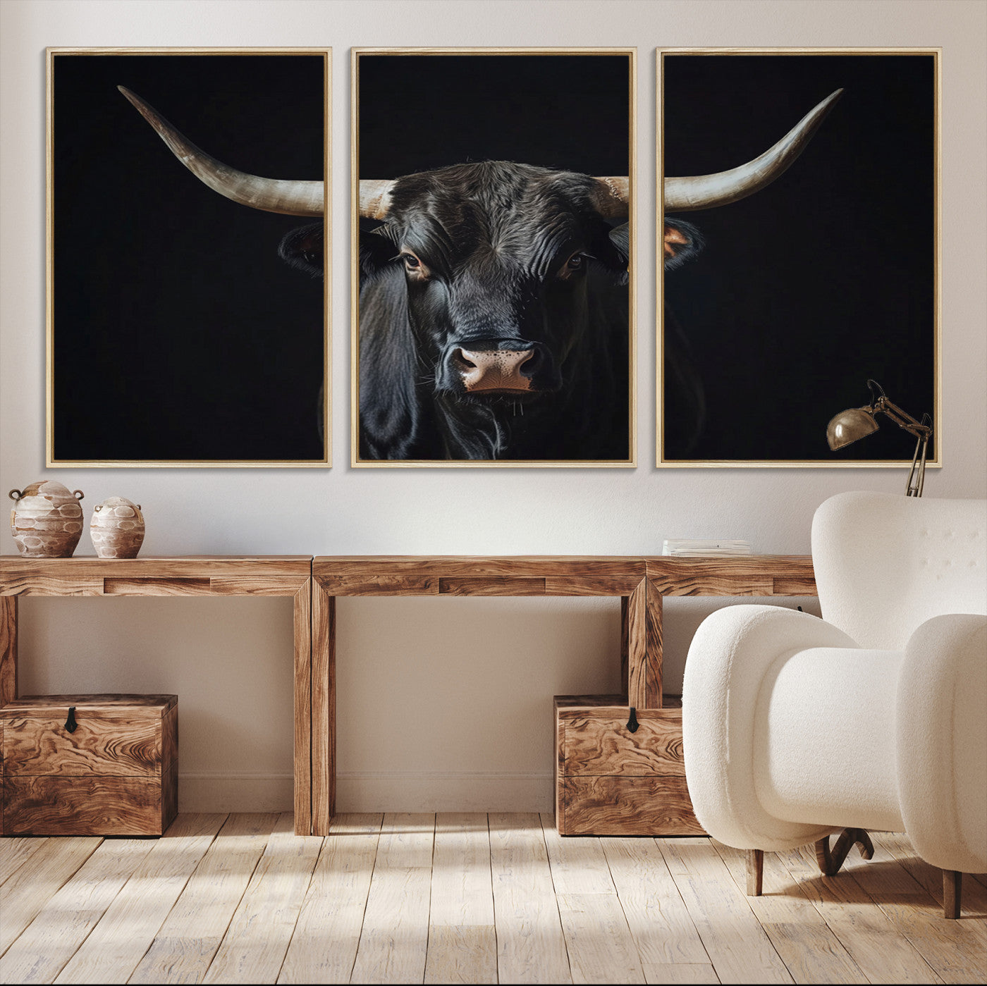 Canvas of a black longhorn bull against a dark background, featuring moody tones and western character for rustic or cowboy-inspired spaces.