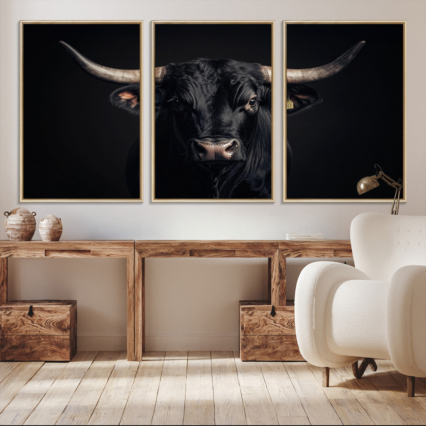Canvas featuring a black horned bull in moody lighting on a dark background, perfect for western or rustic farmhouse-style home decor.