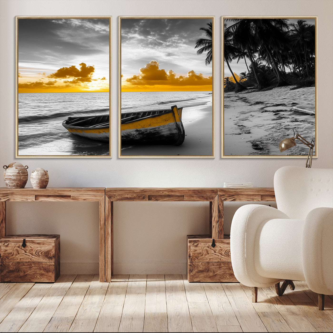 Canvas of a yellow rowboat on a black and white tropical beach with golden sunset sky, ideal for coastal or tropical-themed home decor.