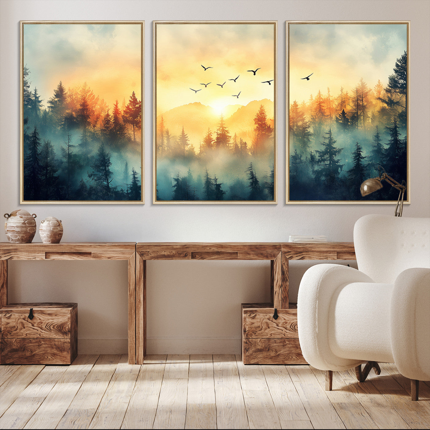 69770822-MGV-CV-48X32-3P-Sunrise Forest Wall Art – Framed Misty Pines Canvas Artwork, Peaceful Woodland Design, Tranquil Nature Decor for Home, Office