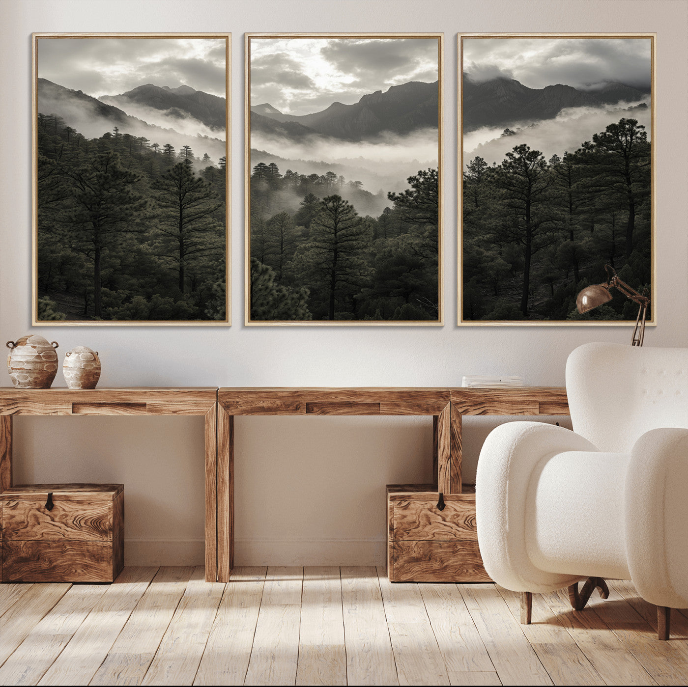 96173787-MGV-CV-36X24-Moody Forest Wall Art – Framed Mountain Fog Canvas Artwork, Misty Woodland Design, Tranquil Nature Decor for Home, Office