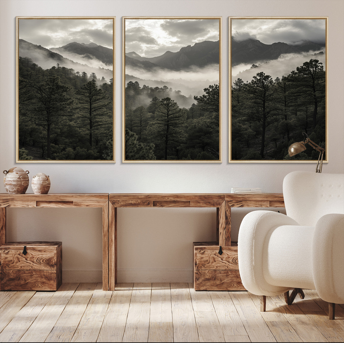 Canvas of moody pine forest and foggy mountain peaks under overcast skies, ideal for calm and rustic woodland-themed home decor.