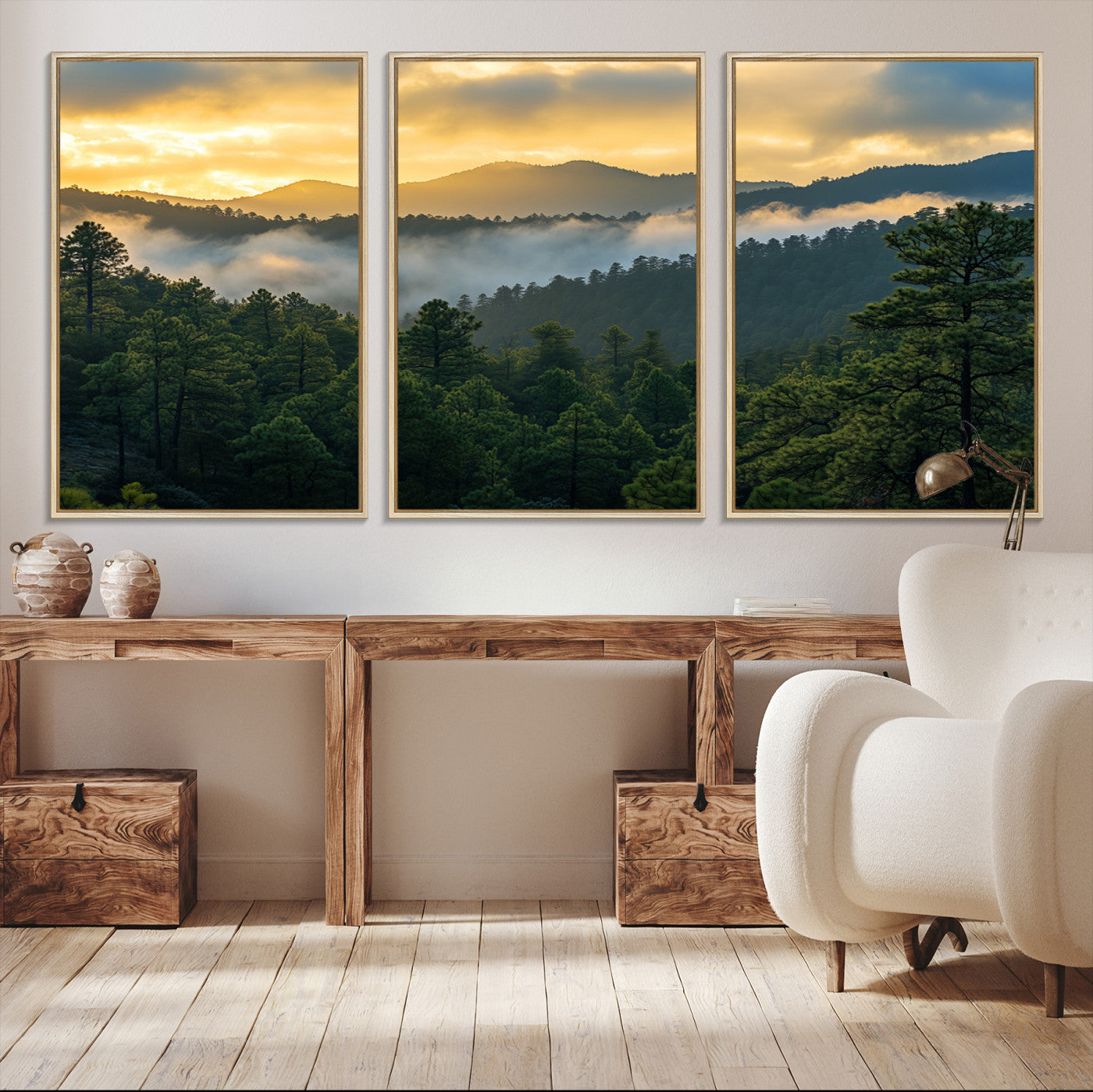 Canvas of misty pine-covered mountains at sunrise, featuring golden light and fog layers, ideal for tranquil earthy home decor.
