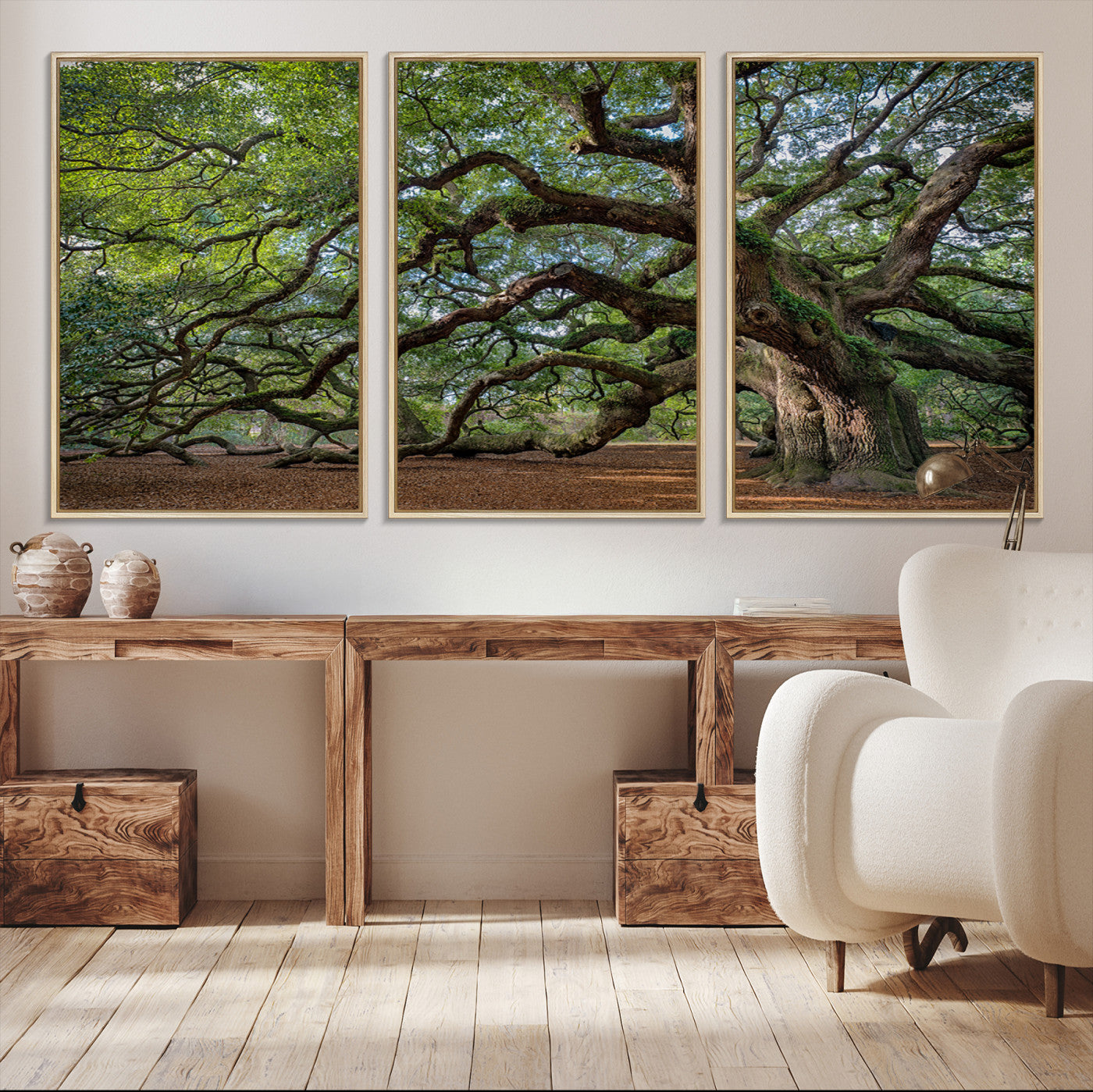 Canvas of the Angel Oak tree with sprawling limbs and mossy bark, ideal for earthy natural or rustic southern-inspired decor.