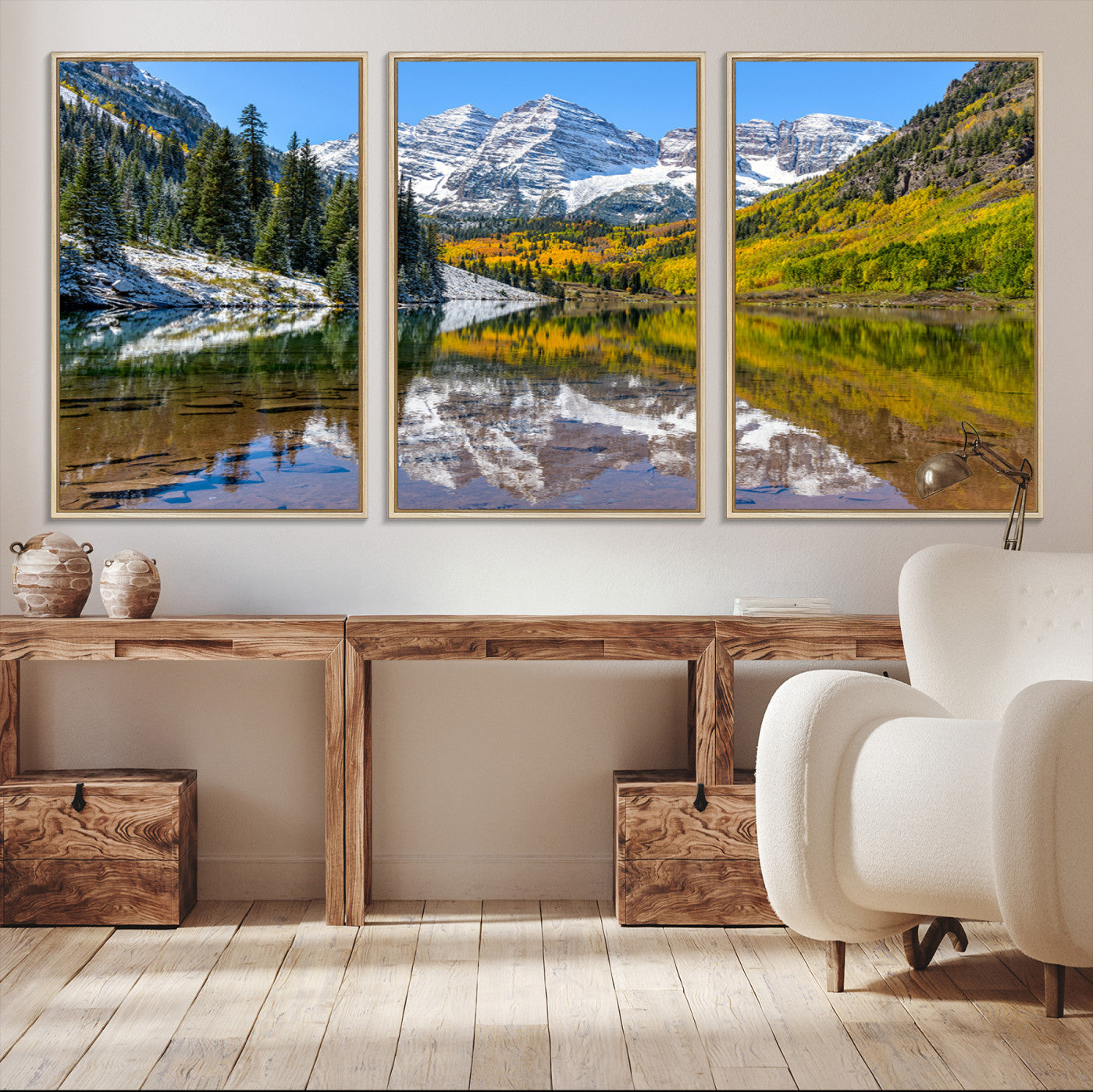 Canvas of Maroon Bells reflected in a clear alpine lake, with golden aspens and snowy peaks, ideal for crisp autumn or mountain-themed decor.