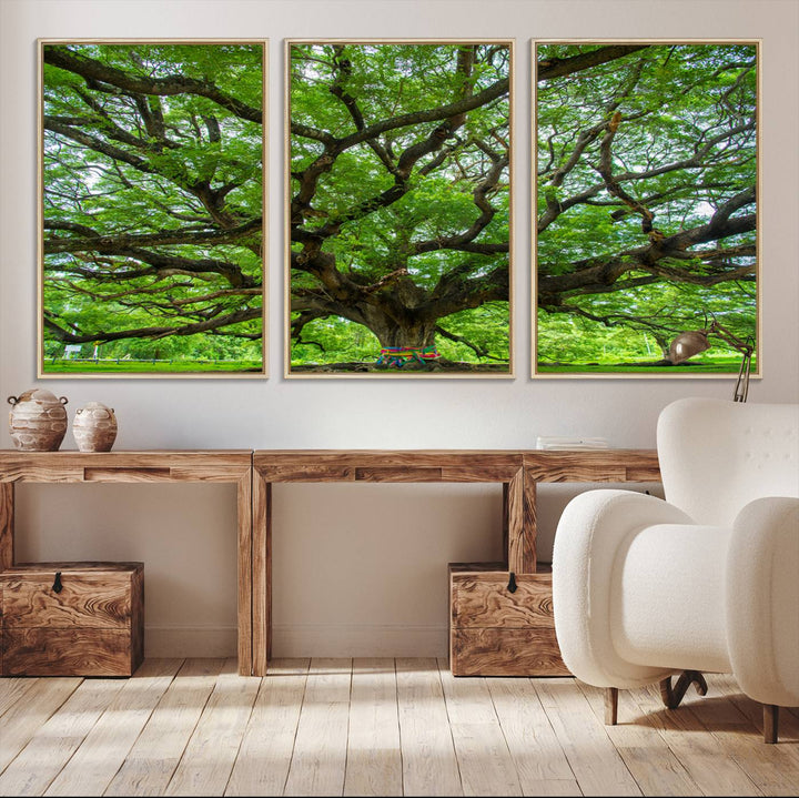 Framed Angel Oak Tree print featuring sprawling branches and ribbons against a clear sky backdrop, ideal for home or office decor.