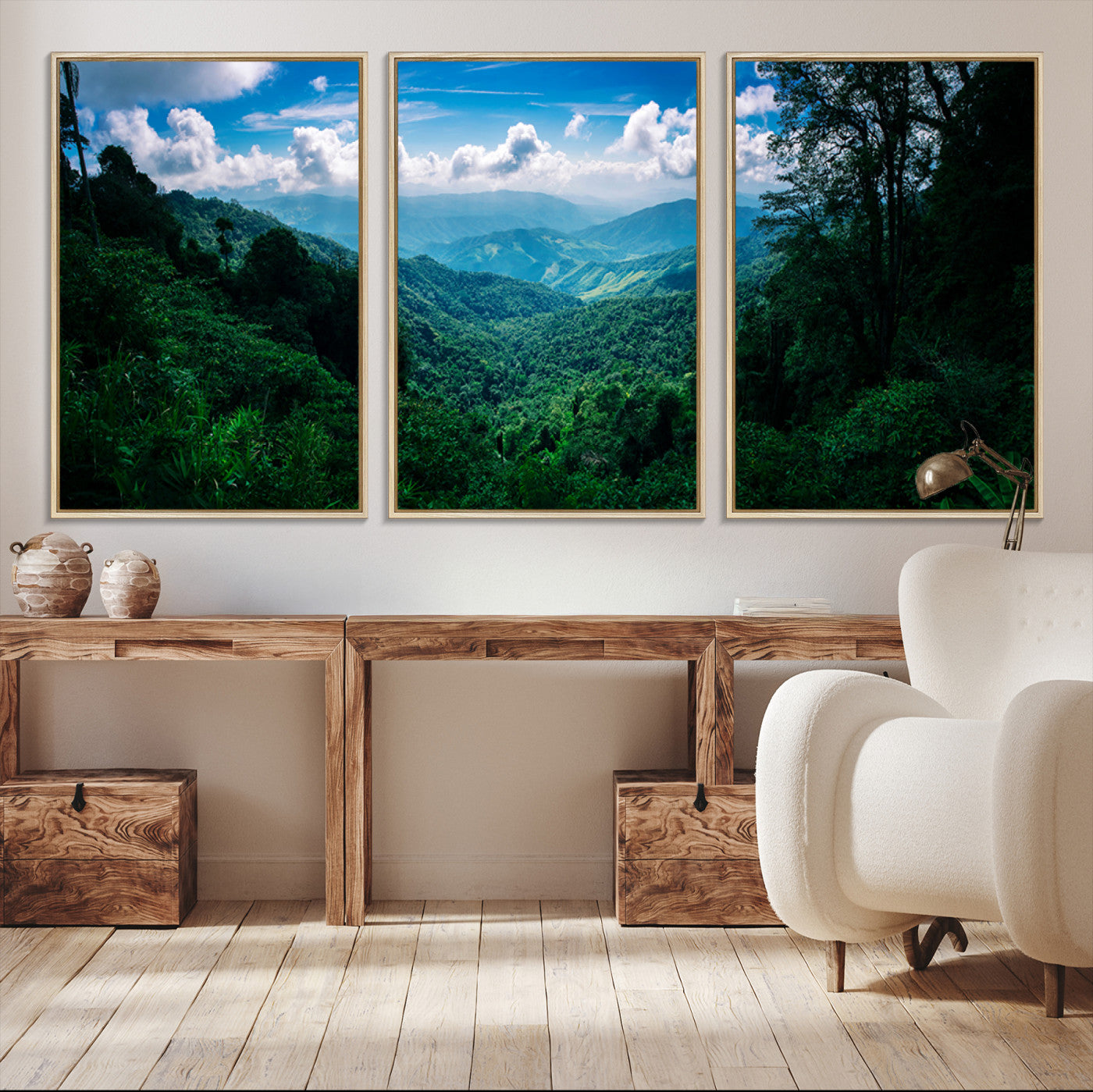 Canvas of a misty tropical jungle with vibrant greenery and layered blue mountains, ideal for exotic nature-themed wall décor.