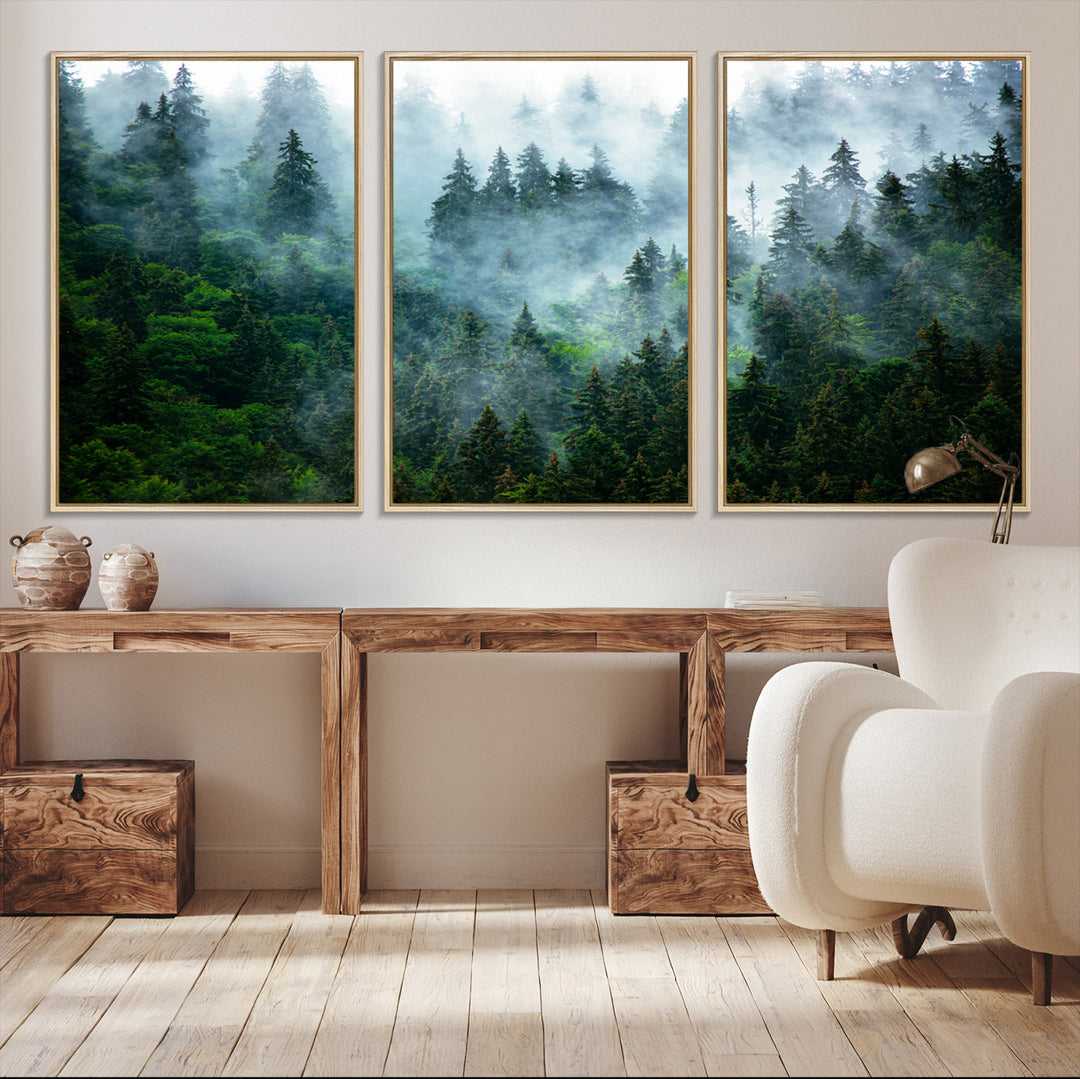 Misty Forest Art Wall Art Canvas Print, Foggy Mountain Art Print, Framed Scenic Wall Print Art Print, Large Woodland Canvas Printing Perfect for  Decor